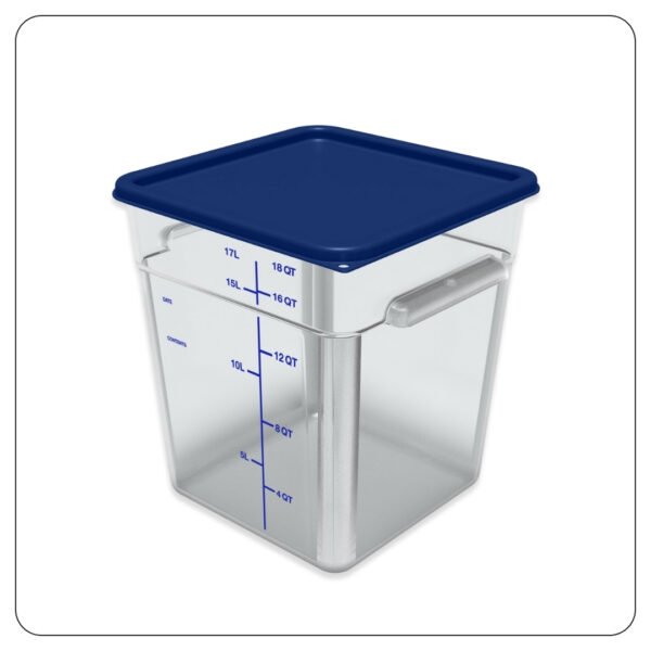 Clear Square Polycarbonate Food Storage Container and Blue Lid 18 Qt