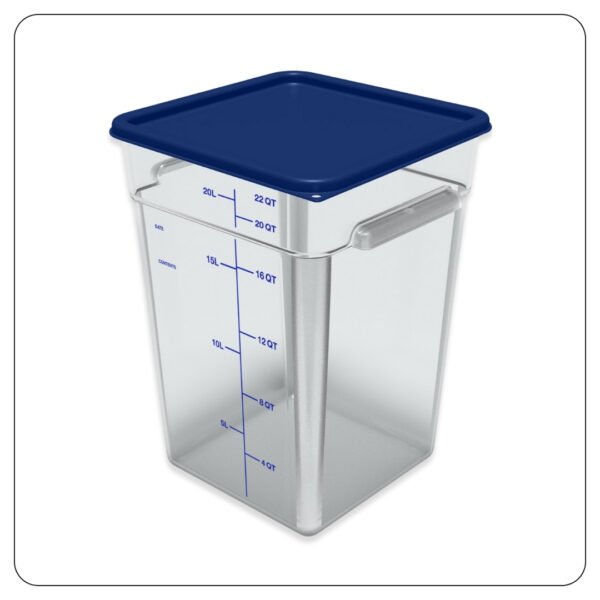 Clear Square Polycarbonate Food Storage Container and Blue Lid 22 Qt
