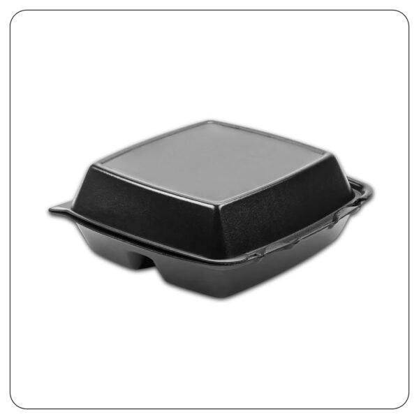 8x8x3.5 / Black Large Hinged Lid / 3 Compartment Foam Containers - Image 2
