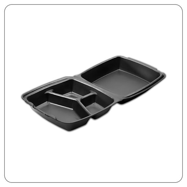 8x8x3.5 / Black Large Hinged Lid / 3 Compartment Foam Containers - Image 3