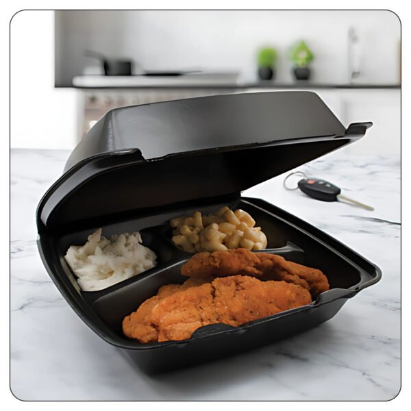8x8x3.5 / Black Large Hinged Lid / 3 Compartment Foam Containers - Image 5