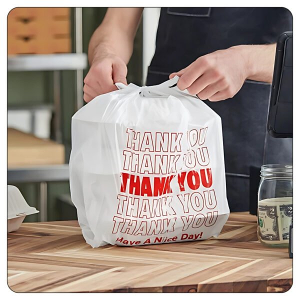 1/8 (10x5x18) Small Size White "Thank You" Standard-Duty Plastic T-Shirt Bag - Image 5