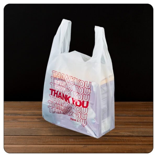 1/6 (12x6x22) Standard Size White "Thank You" Standard-Duty Plastic T-Shirt Bag - Image 5