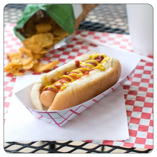 7" x 3 1/4" x 1 1/2" Red Check Paper Hot Dog Tray - Image 4