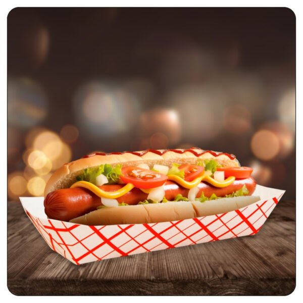 7" x 3 1/4" x 1 1/2" Red Check Paper Hot Dog Tray - Image 5