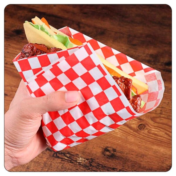 7" x 6 1/2" Red Check Wire Cone Basket Liner / Deli Wrap / Double Open Bag - Image 4
