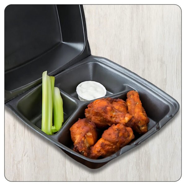 8x8x3.5 / Black Large Hinged Lid / 3 Compartment Foam Containers - Image 4