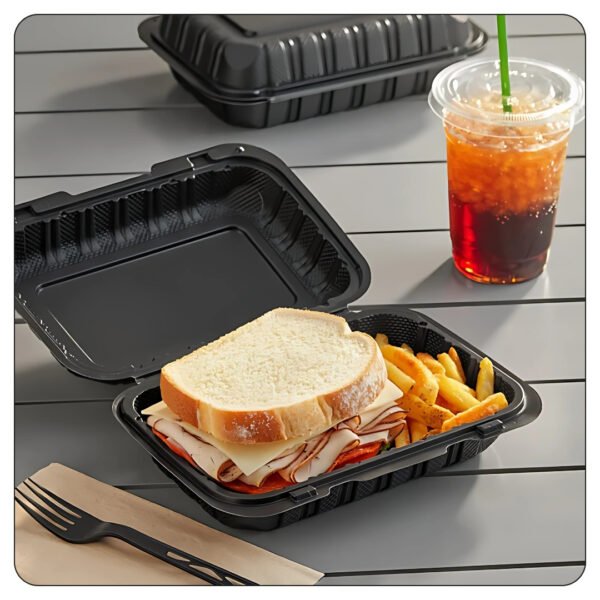 Microwaveable Black Mineral-Filled Plastic Hinged Take-Out Container 1-Compartment 9"x6" - Image 4