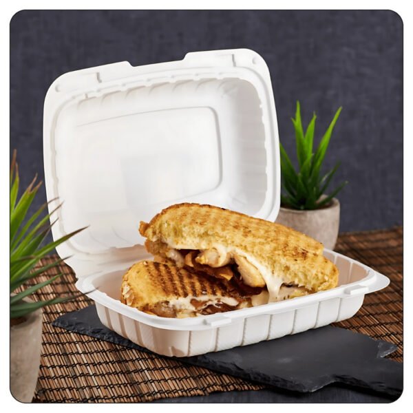 Microwaveable White Mineral-Filled Plastic Hinged Take-Out Container 1-Compartment 9"x6" - Image 4