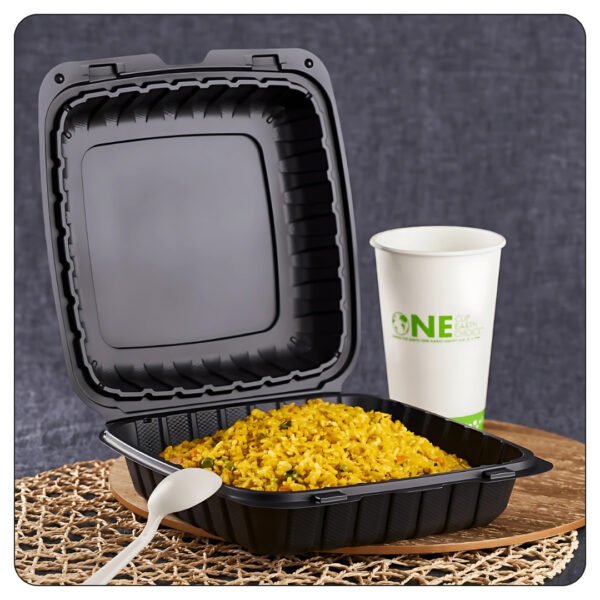 Microwaveable Black Mineral-Filled Plastic Hinged Take-Out Container 1-Compartment 9"x9" - Image 5