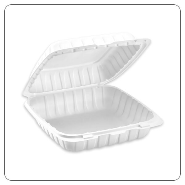 Microwaveable White Mineral-Filled Plastic Hinged Take-Out Container 1-Compartment 9"x9" - Image 2