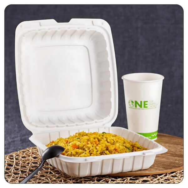 Microwaveable White Mineral-Filled Plastic Hinged Take-Out Container 1-Compartment 9"x9" - Image 4
