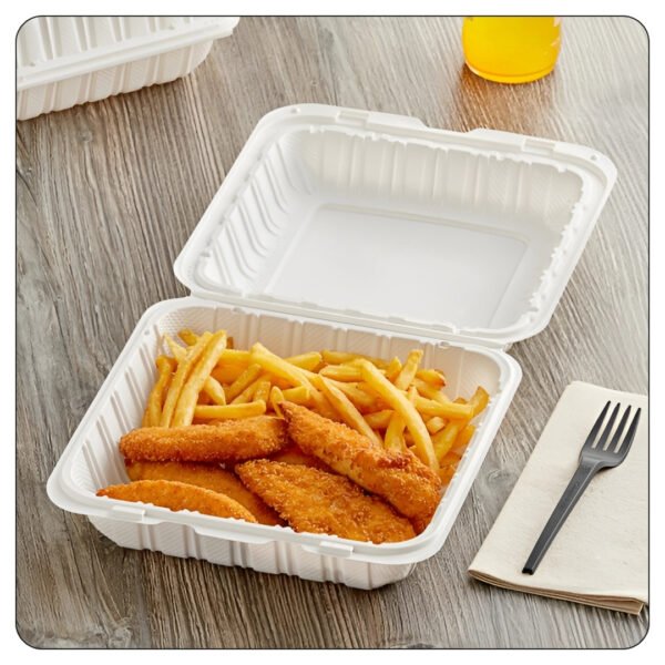Microwaveable White Mineral-Filled Plastic Hinged Take-Out Container 1-Compartment 9"x9" - Image 5