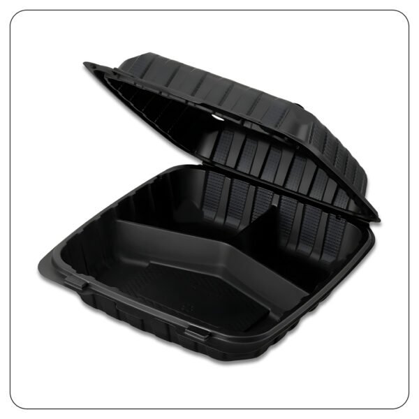 Microwaveable Black Mineral-Filled Plastic Hinged Take-Out Container 3-Compartment 9"x9" - Image 2