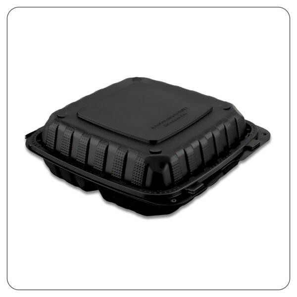 Microwaveable Black Mineral-Filled Plastic Hinged Take-Out Container 3-Compartment 9"x9"