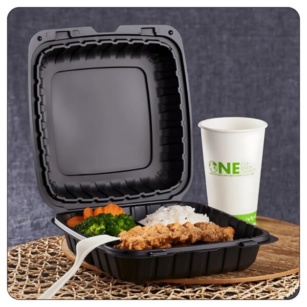 Microwaveable Black Mineral-Filled Plastic Hinged Take-Out Container 3-Compartment 9"x9" - Image 4