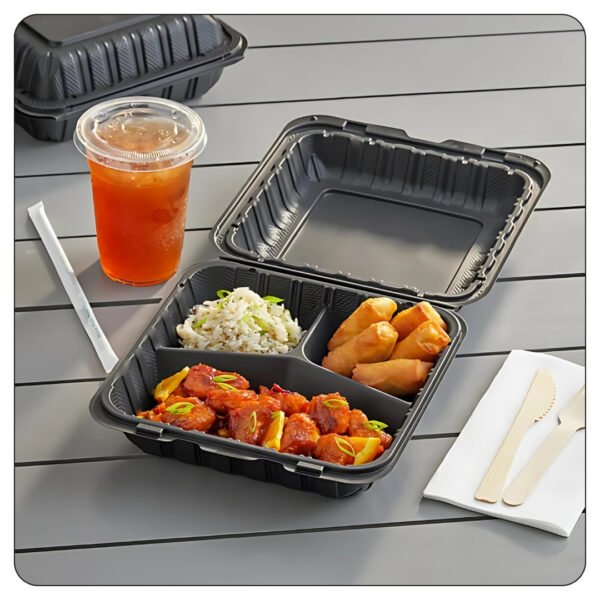 Microwaveable Black Mineral-Filled Plastic Hinged Take-Out Container 3-Compartment 9"x9" - Image 5