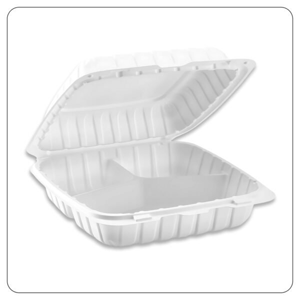 Microwaveable White Mineral-Filled Plastic Hinged Take-Out Container 3-Compartment 9"x9" - Image 2