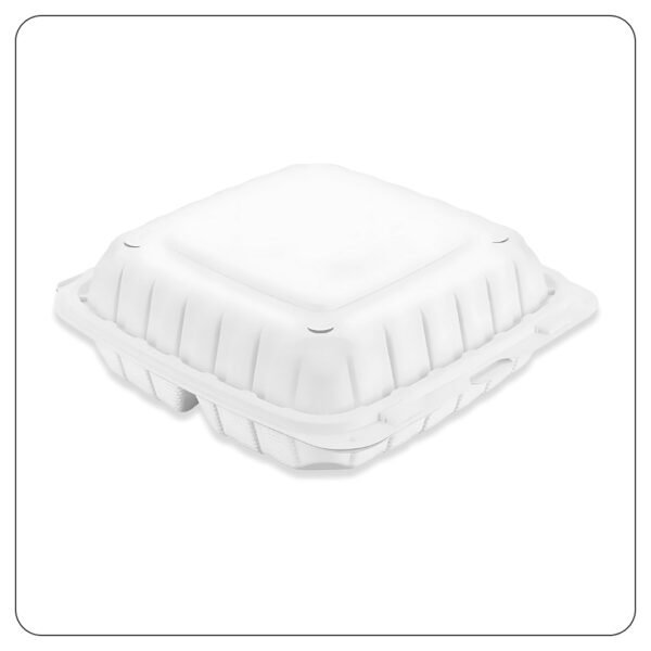 Microwaveable White Mineral-Filled Plastic Hinged Take-Out Container 3-Compartment 9"x9"