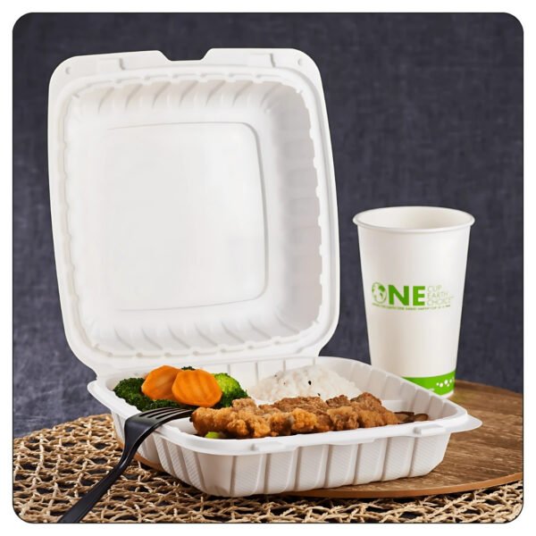 Microwaveable White Mineral-Filled Plastic Hinged Take-Out Container 3-Compartment 9"x9" - Image 4