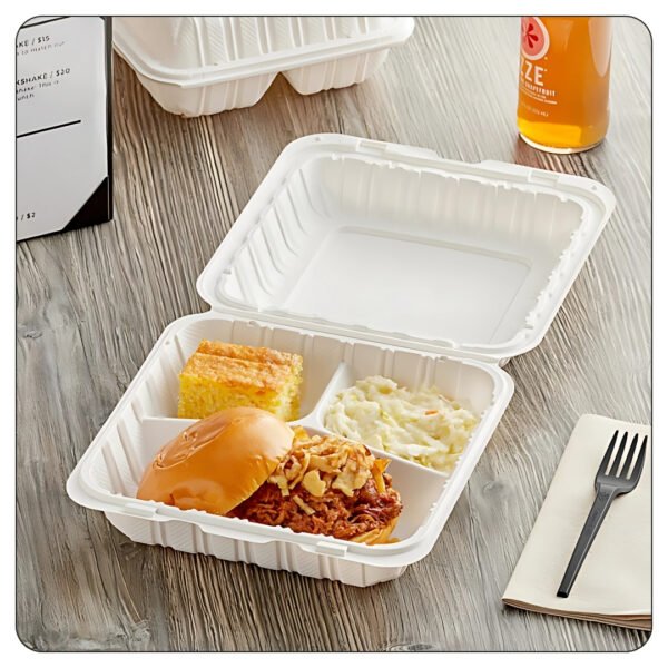 Microwaveable White Mineral-Filled Plastic Hinged Take-Out Container 3-Compartment 9"x9" - Image 5