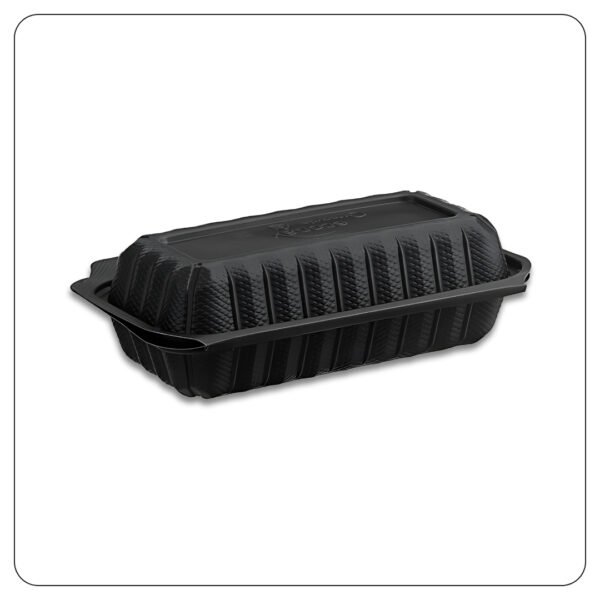 Microwaveable Black Mineral-Filled Plastic Hinged Take-Out Hot Dog Container 1-Compartment 7 1/2" x 3 1/2" - Image 2