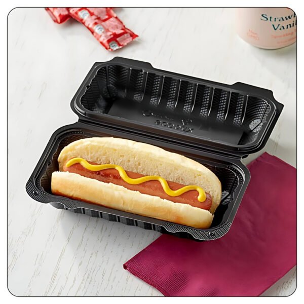 Microwaveable Black Mineral-Filled Plastic Hinged Take-Out Hot Dog Container 1-Compartment 7 1/2" x 3 1/2" - Image 4